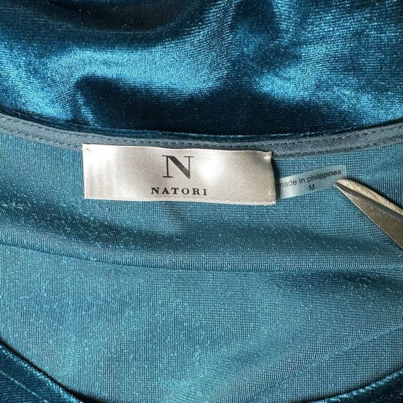 Natori Teal Velvet Balloon Sleeve Relaxed Shift Dress M | Chic Holiday Party - Picture 7 of 8